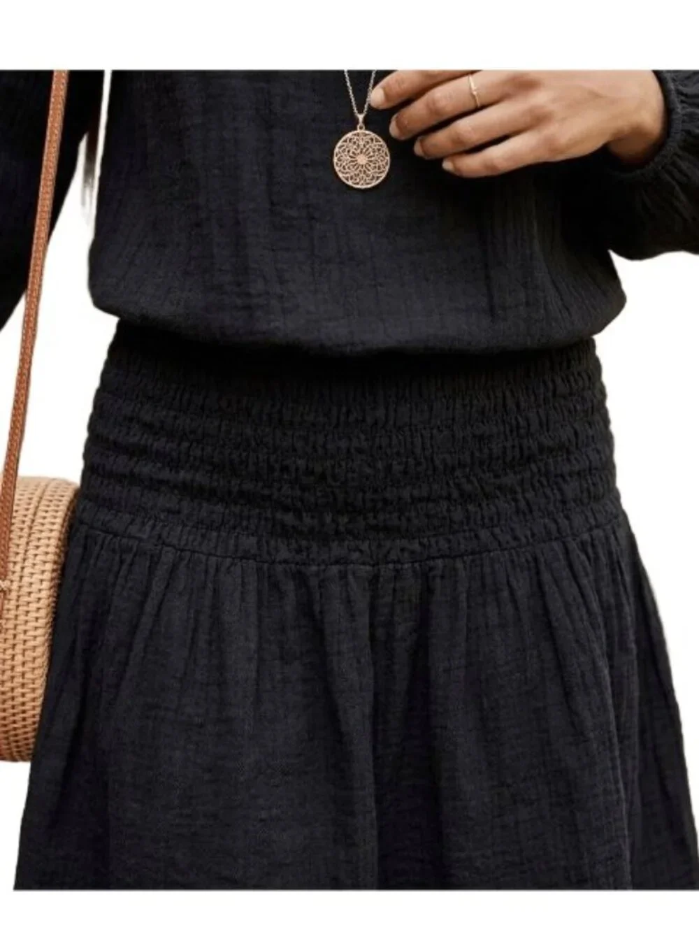 Free People Moonlight Drive Smocked Mini Dress Gauze Boho Long Sleeves Black XS